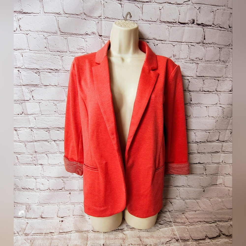 Skies are Blue Open Knit Asa Coral Contrast Cuff Blazer Open Jacket Career Cozy